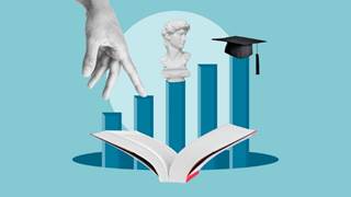 A digital collage illustrating education growth features a bar chart with four ascending blue bars against a light blue background. Key elements include an open book at the bottom, a hand pointing to the second bar, a classical bust on the third bar, and a graduation cap atop the tallest bar, symbolizing progression in learning and achievement.