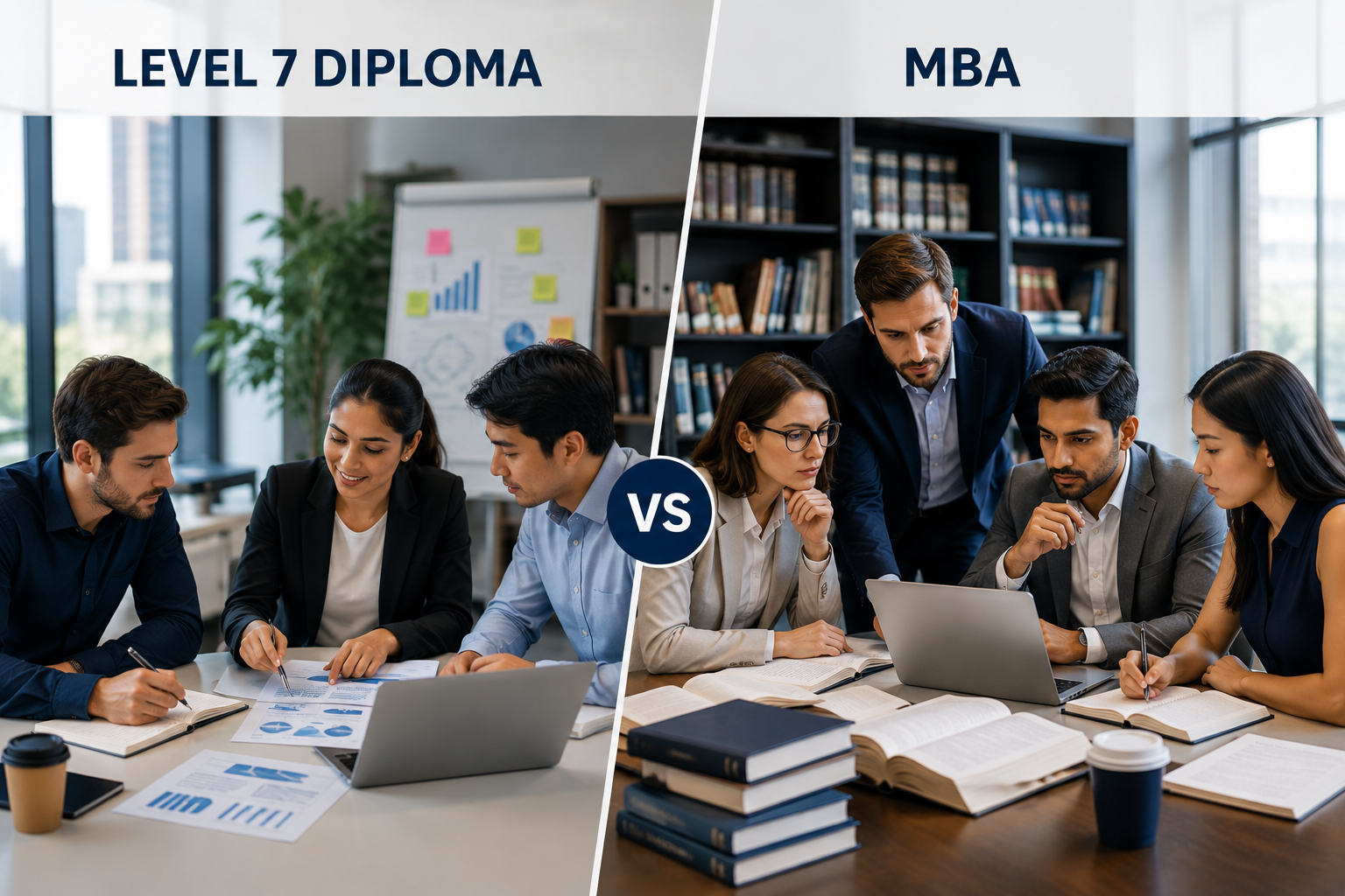 Level 7 Diploma vs MBA: Key Differences in 2026 Professionals comparing Level 7 Diploma and MBA study pathways in a business and academic learning environment