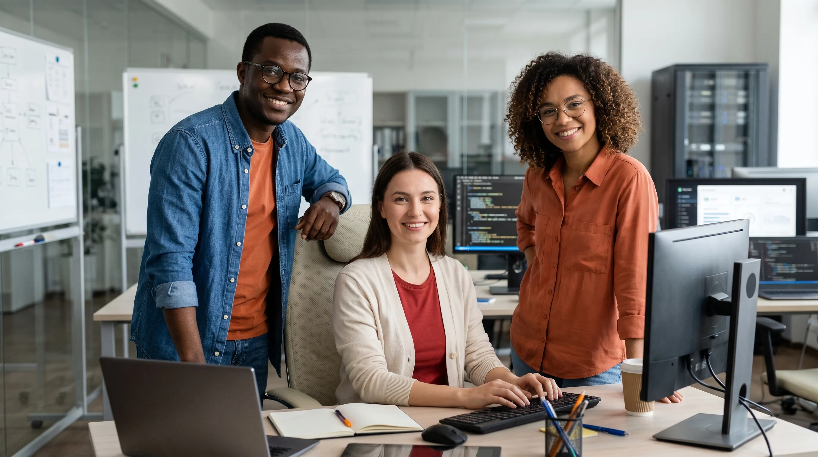 Professional portrait of three diverse software engineers smiling at an office workstation with laptops, monitors, and whiteboard in a bright modern tech office