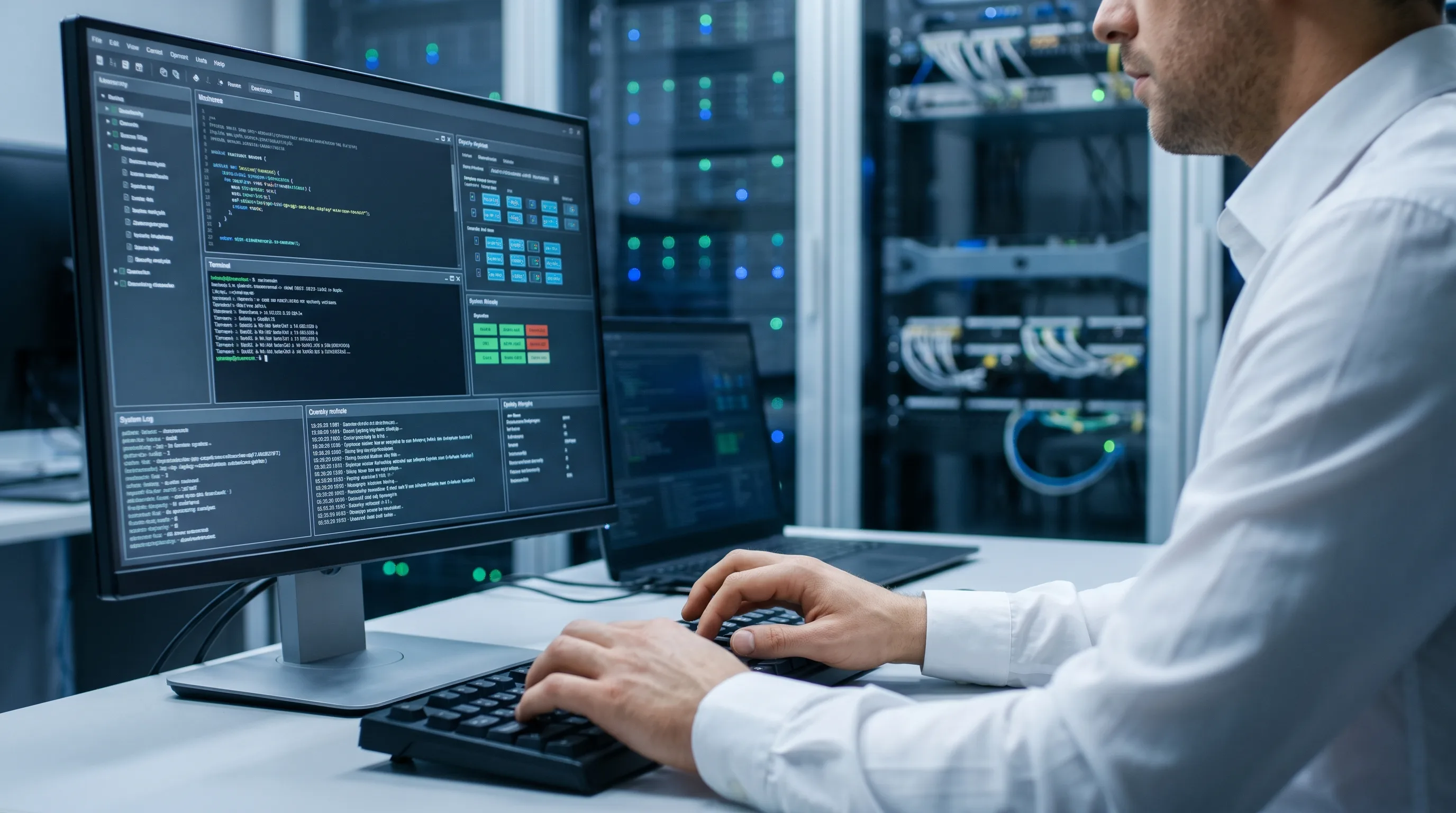 Close-up over-the-shoulder view of a male IT cybersecurity professional in a white shirt typing on a keyboard while monitoring network logs and security dashboards in a server room