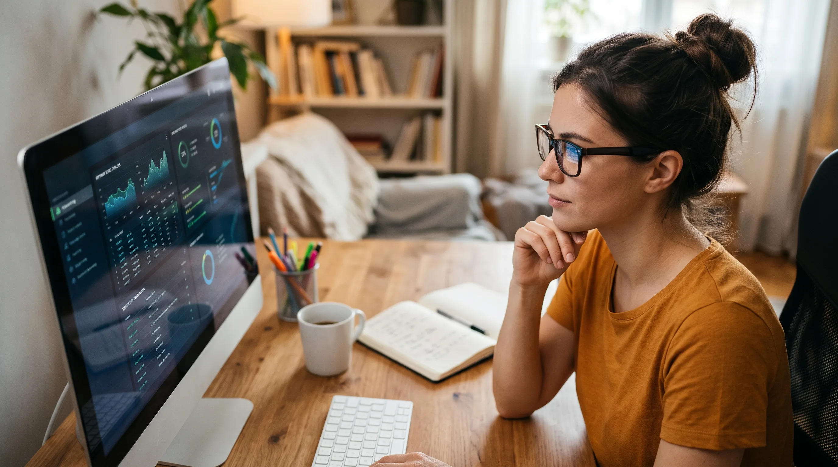 Young female cybersecurity analyst with glasses and hair in a bun thoughtfully analyzing network data on her computer monitor in a cozy home office