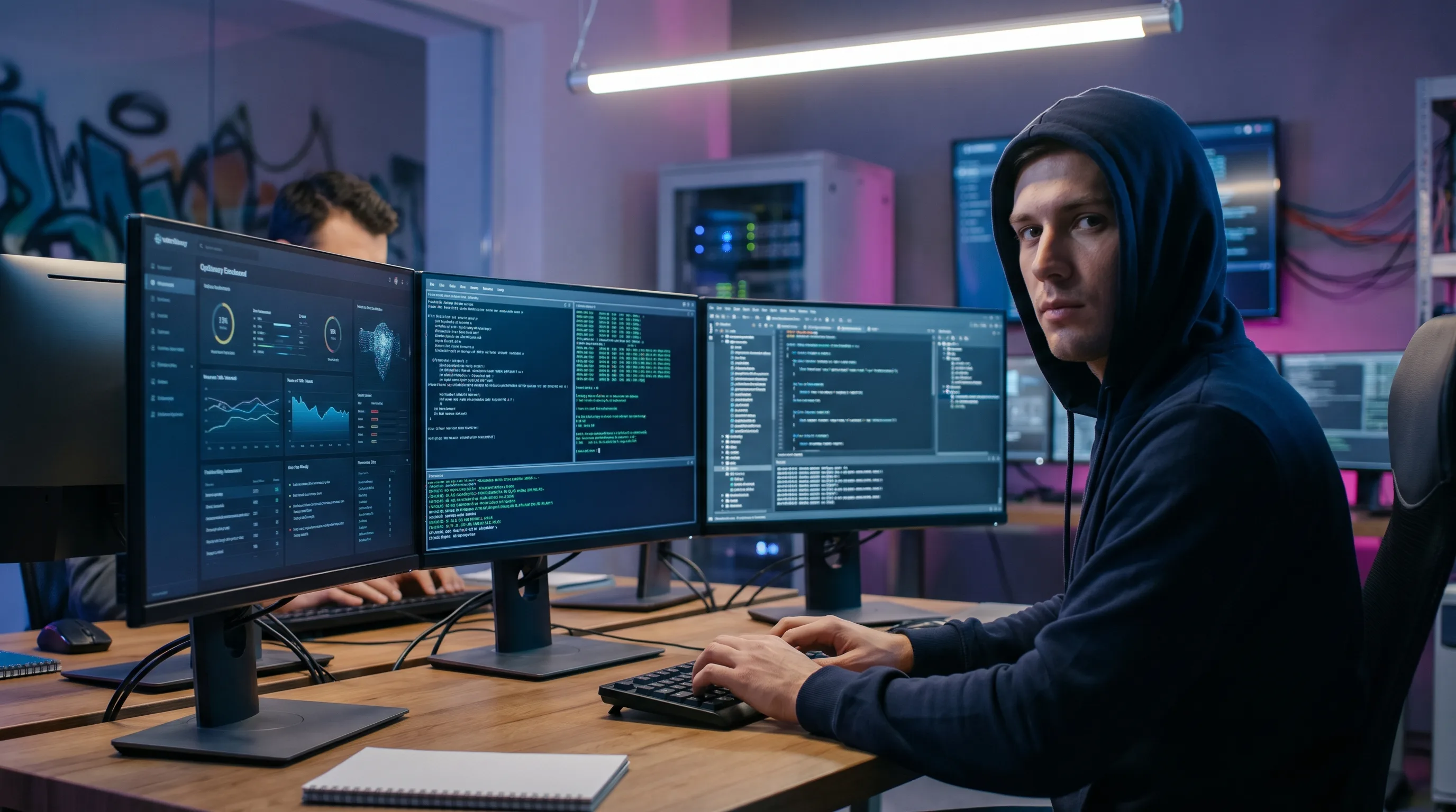 Young ethical hacker in a dark hooded sweatshirt sitting at a multi-monitor workstation and looking at the camera in a modern cybersecurity lab