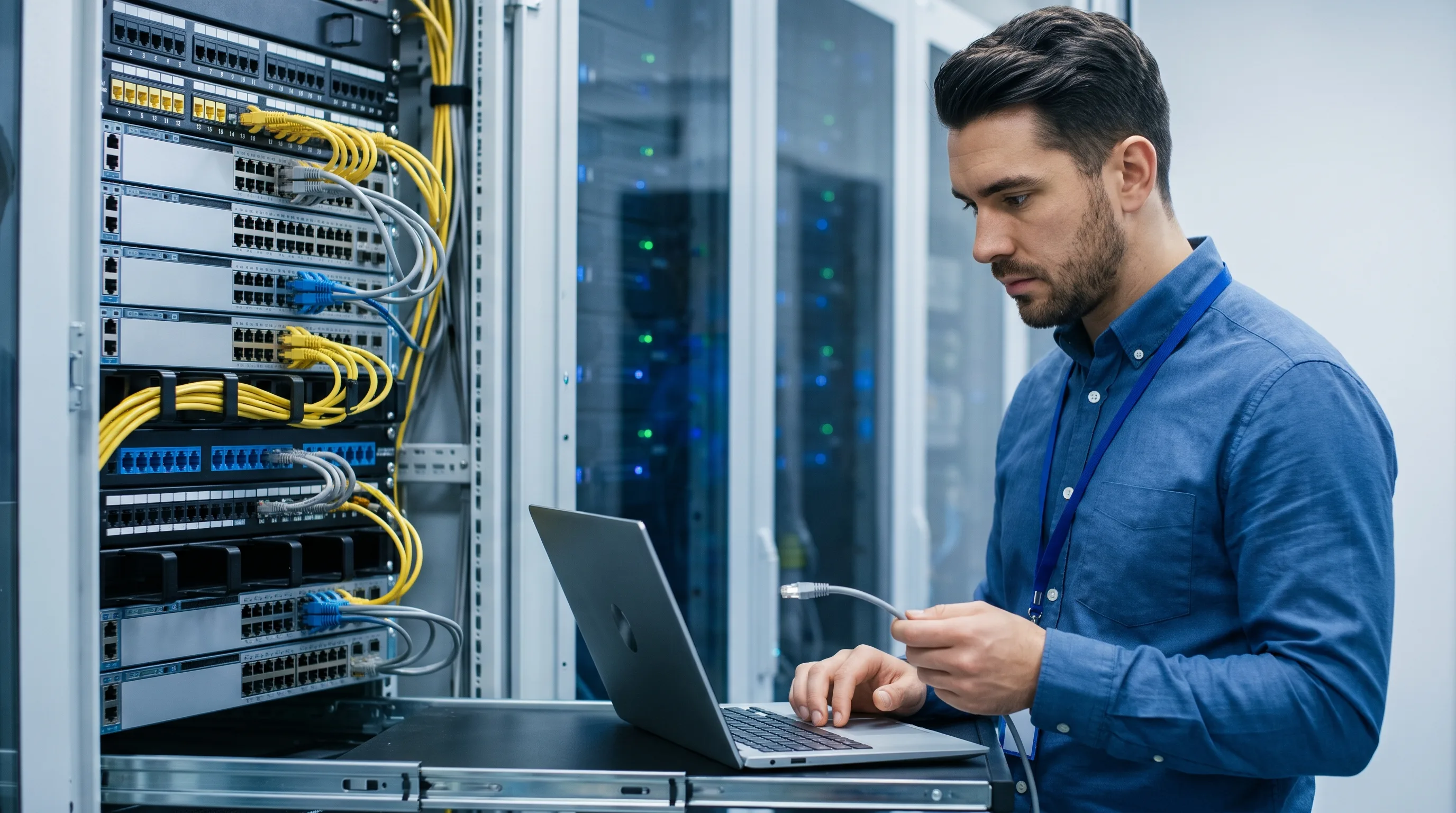 Network security engineer in a blue button-down shirt holding an Ethernet cable and working on a laptop beside an open server rack in a data centre