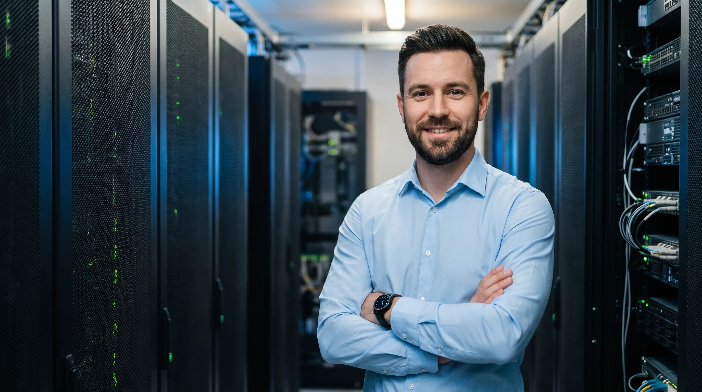 Portrait of a confident male cyber security engineer with arms crossed, smiling in an enterprise data centre server room