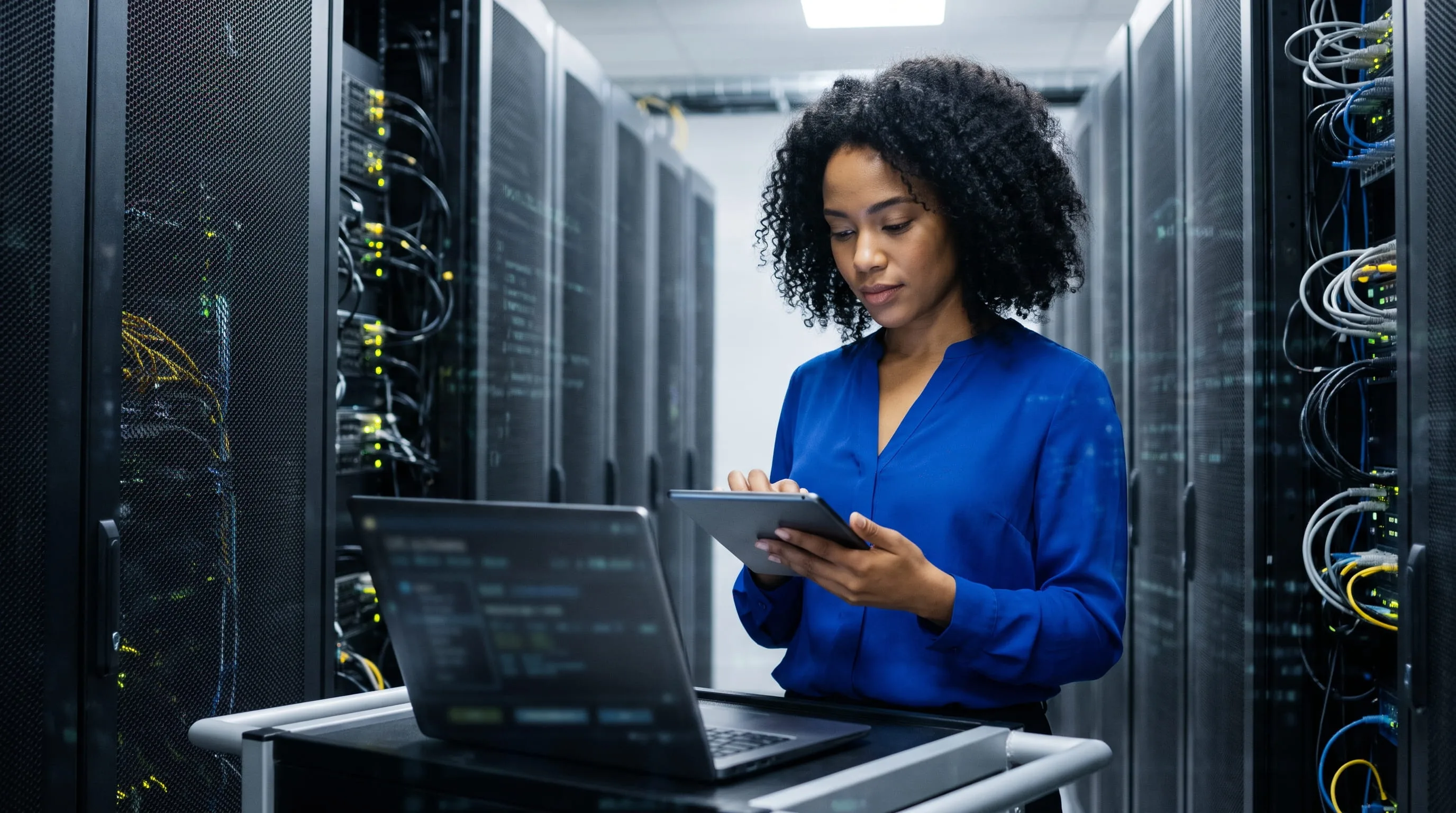Female cybersecurity engineer with curly hair holding a digital tablet in a modern enterprise data centre with server racks and subtle digital overlay